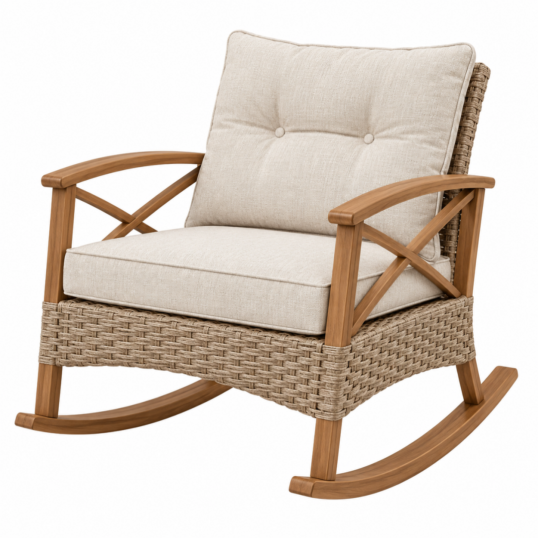 Schaukelstuhl 74 x 95 x 100 cm Holz Beige Naturbraun mit Geflecht und Polsterung