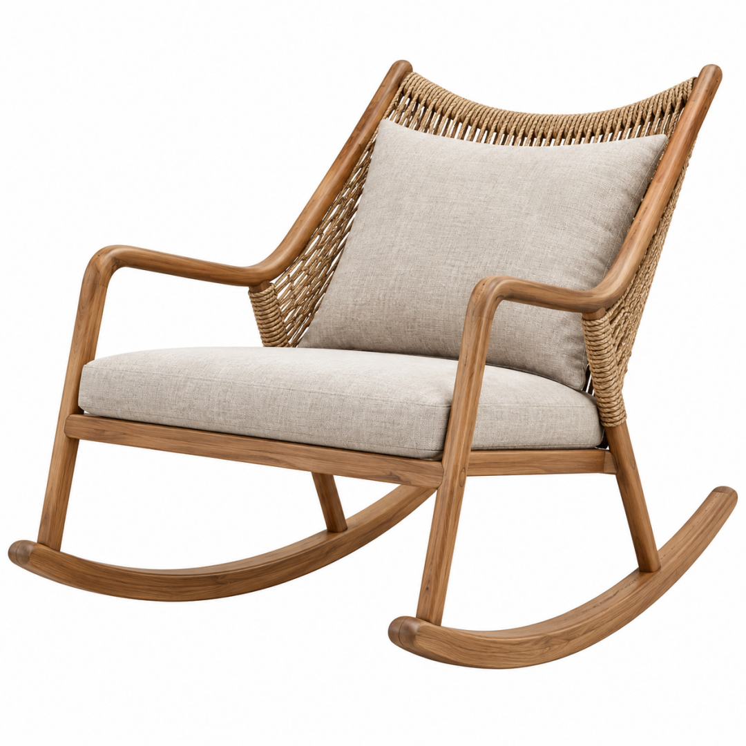 Schaukelstuhl 70 x 100 x 98 cm Holz Natur mit Seilgeflecht für Wohnzimmer im Boho-Stil