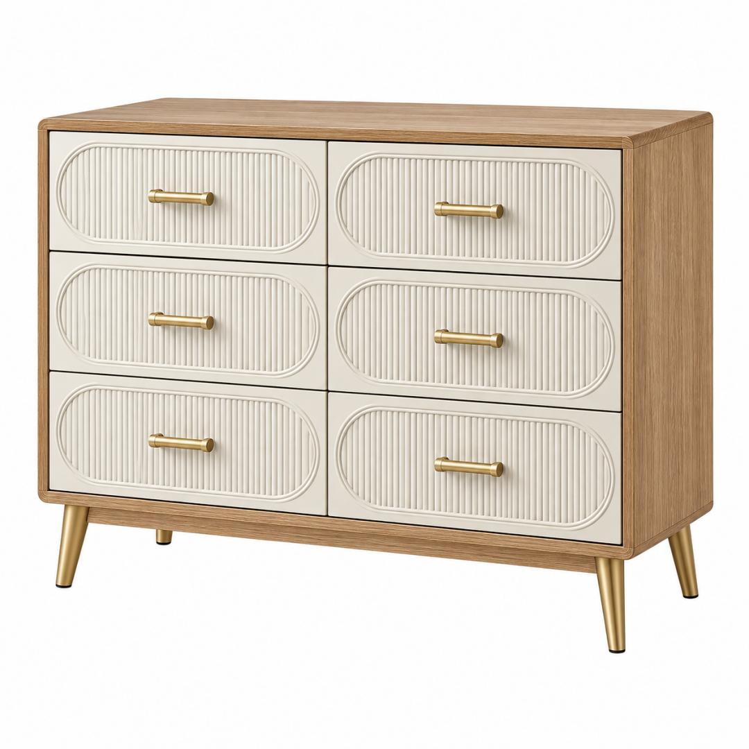Kommode 120 x 40 x 85 cm Holzwerkstoff Natur Creme Gold mit 6 Schubladen im Retro-Stil
