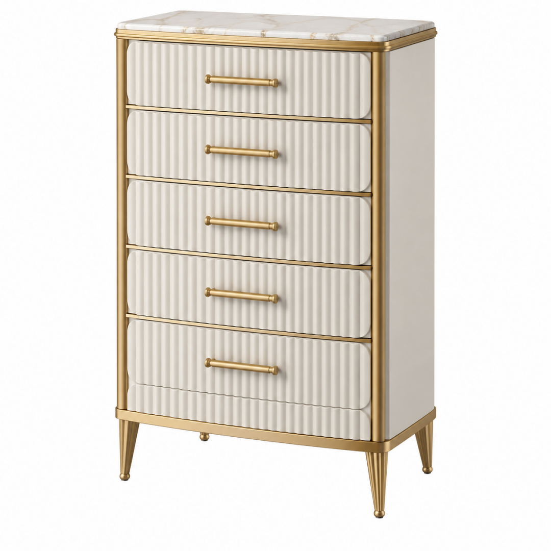 Kommode 80 x 40 x 120 cm in Creme und Gold mit 5 Schubladen Marmoroptik