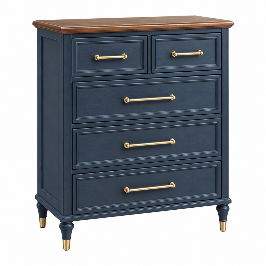 Kommode 100 x 45 x 110 cm aus Holz in Dunkelblau Braun mit 5 Schubladen im klassischen Stil