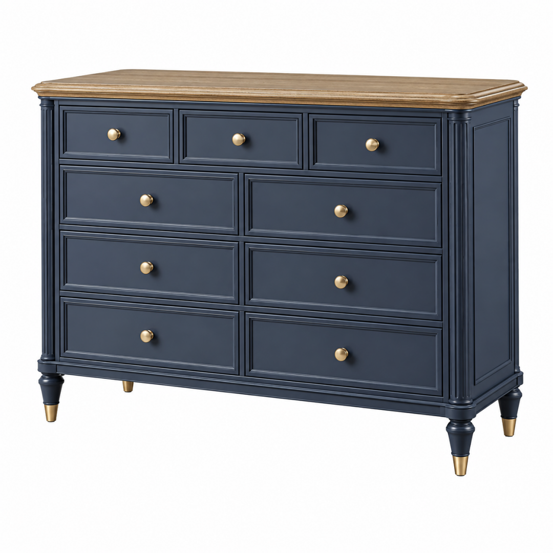 Kommode 150 x 45 x 90 cm aus Holzwerkstoff Blau mit Holzoptik Klassisch mit 9 Schubladen