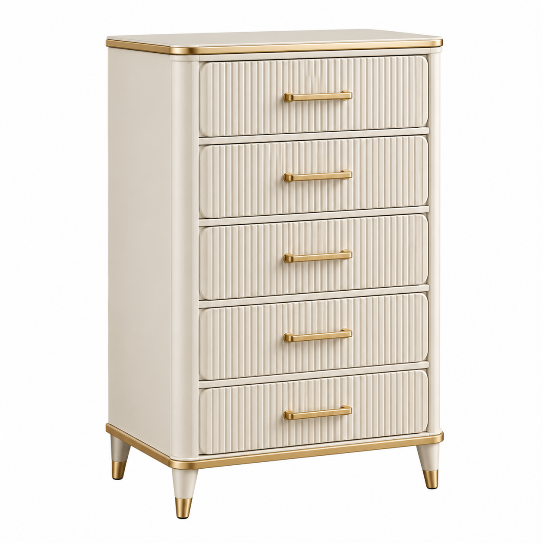 Kommode 60 x 40 x 110 cm in Creme und Gold mit 5 Schubladen geriffelter Front