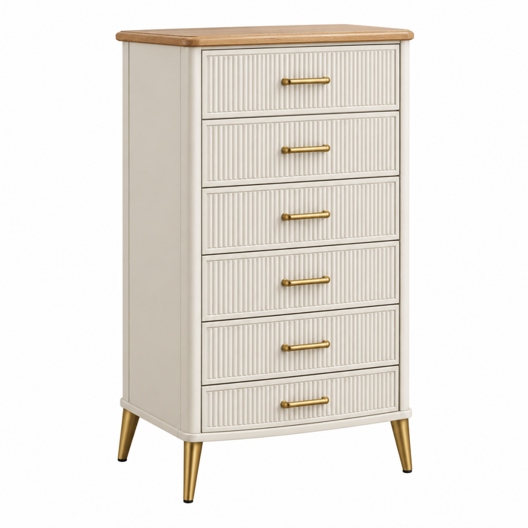 Kommode 70 x 40 x 120 cm aus Holzwerkstoff in Creme mit 6 Schubladen geriffelter Front