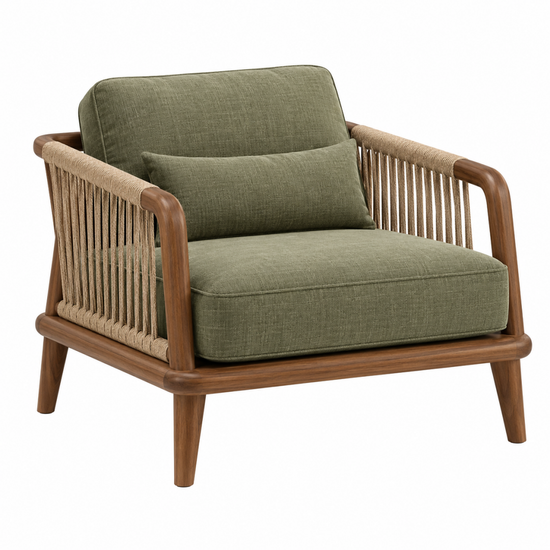 Sessel 78 x 82 x 80 cm aus Holz und Seilgeflecht in Olivgrün - gepolsterter Loungesessel