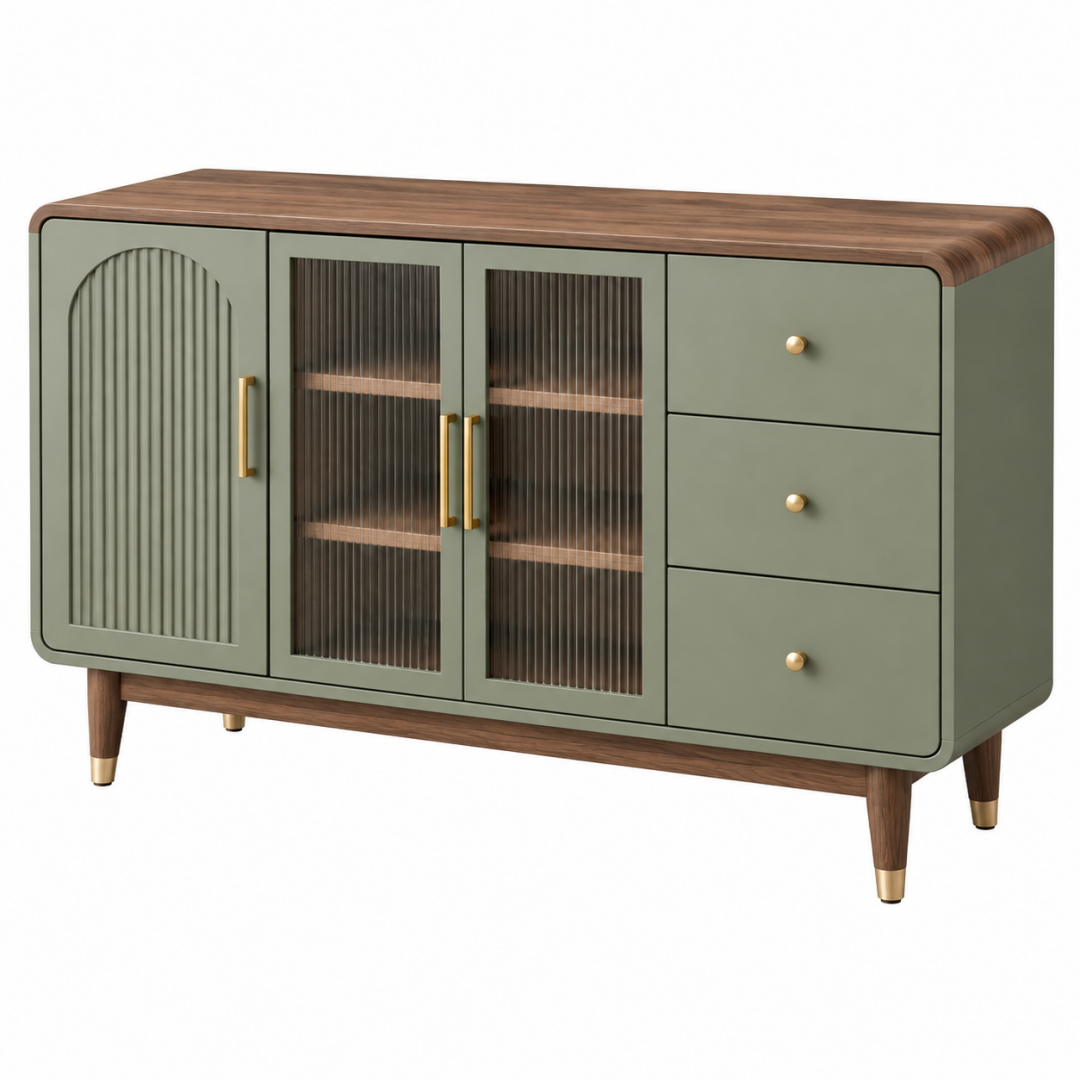 Sideboard 160 x 45 x 85 cm aus Holzwerkstoff Grün Braun mit Glastüren und Schubladen