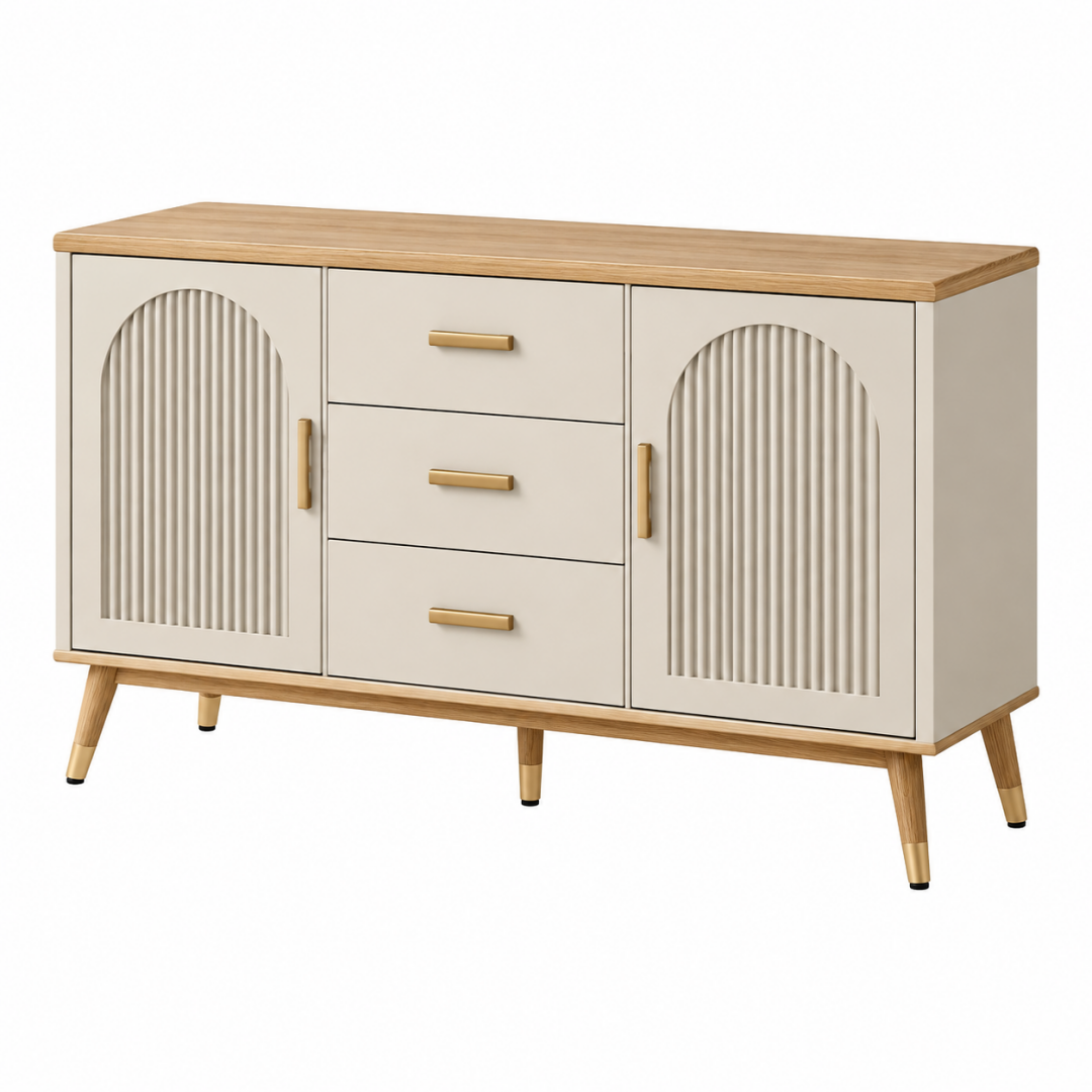 Sideboard 160 x 40 x 85 cm aus Holzwerkstoff in Creme und Natur - Stauraummöbel im Retro-Stil
