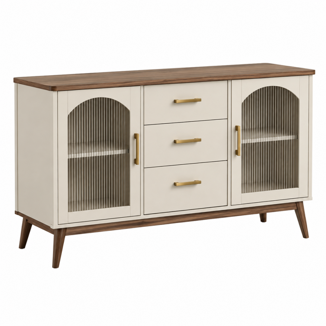 Sideboard 160 x 40 x 85 cm in Creme und Walnussoptik mit Riffelglastüren und Schubladen
