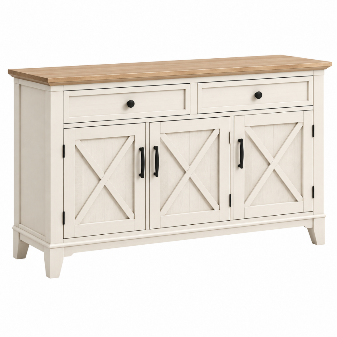 Sideboard 160 x 45 x 90 cm Holz Weiß/Natur Landhausstil mit 2 Schubladen und 4 Türen