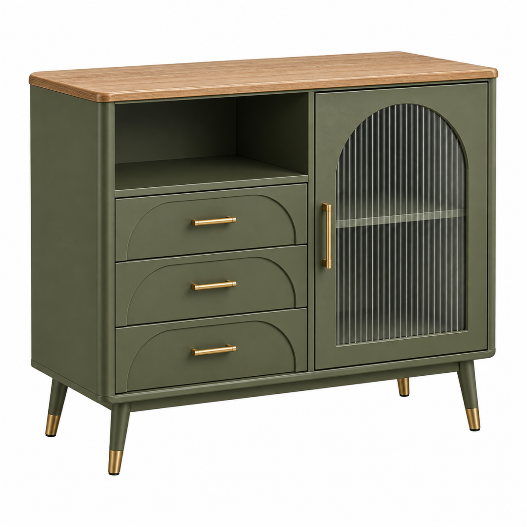 Sideboard 100 x 40 x 85 cm Holzwerkstoff Grün mit Holzplatte und Glastür