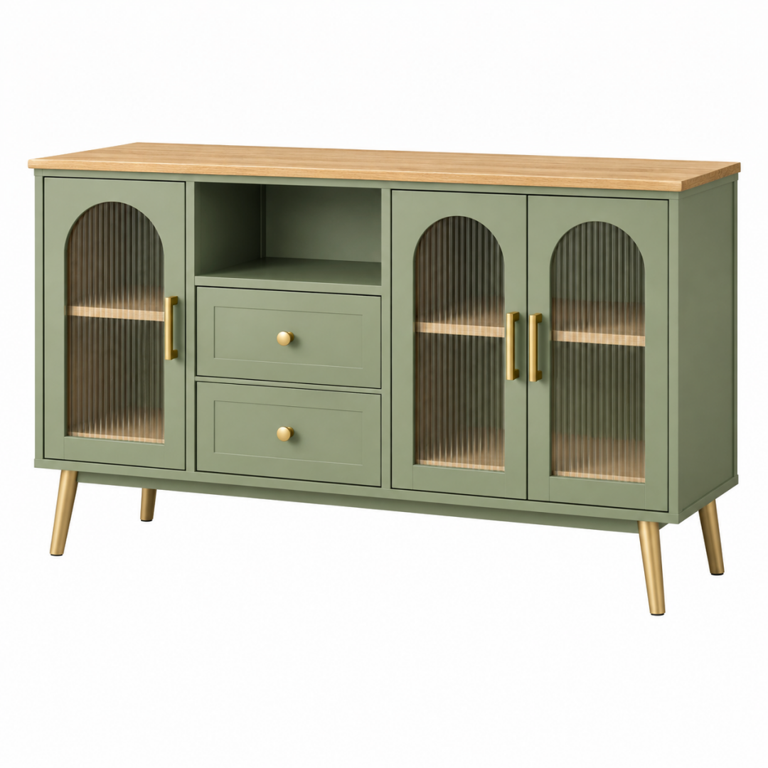 Sideboard 160 x 40 x 85 cm aus Holz und geriffeltem Glas in Olivgrün mit Stauraum