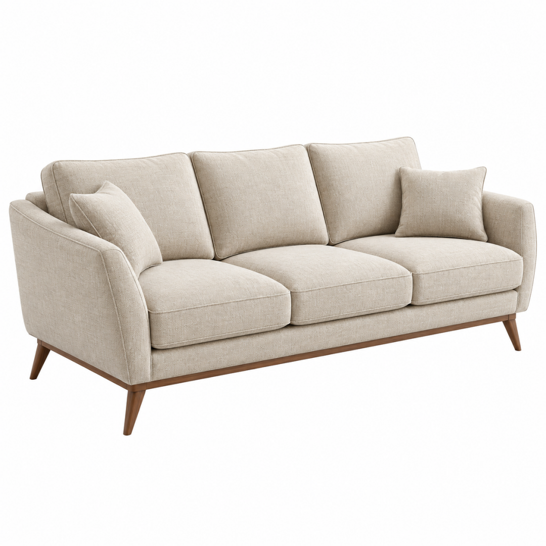 3-Sitzer Sofa 220 cm Beige Stoffbezug Holzfüße Mid-Century-Stil