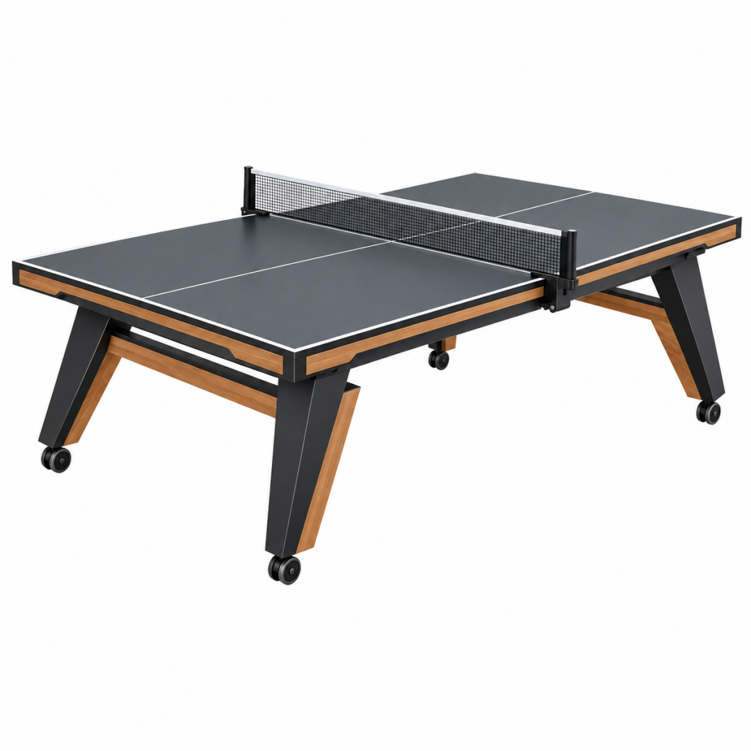 Tischtennisplatte 274 x 152.5 x 76 cm Schwarz Braun mit Metallgestell und Rollen