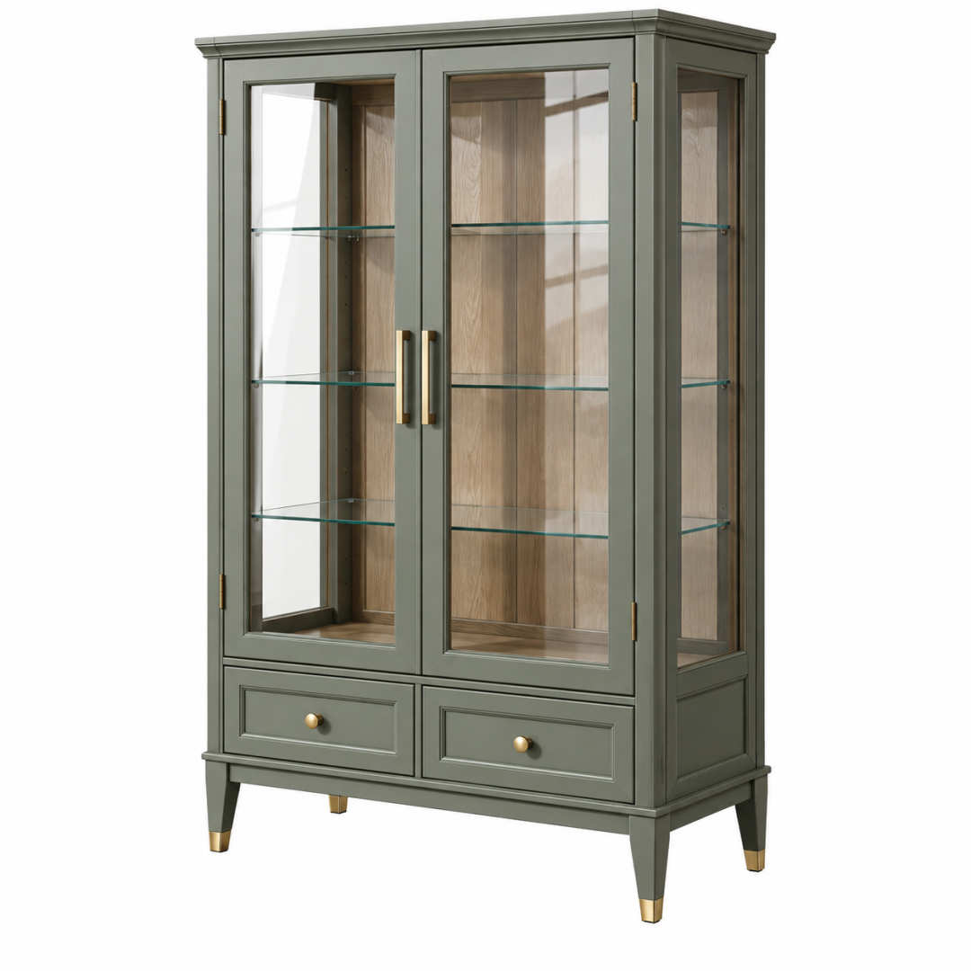 Vitrine 100 x 45 x 190 cm aus Holzwerkstoff und Glas in Olivgrün mit Schubladen im klassischen Stil