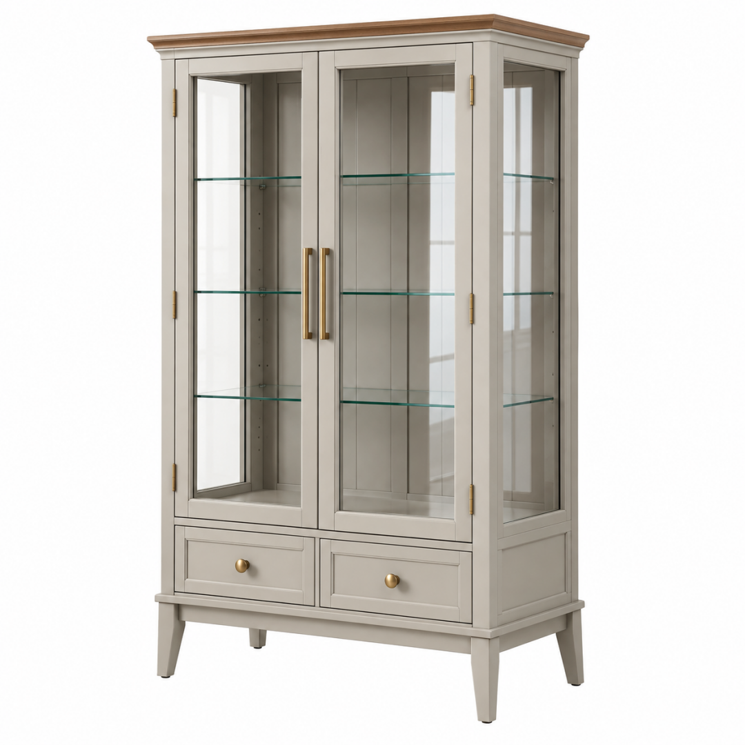 Vitrine 90 x 40 x 180 cm aus Holz und Glas in Beige mit Schubladen