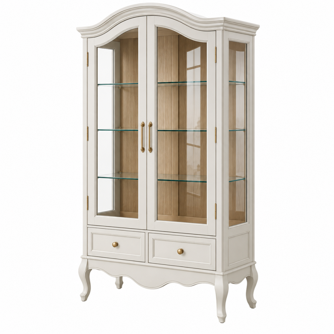 Vitrine 100 x 45 x 190 cm Holz und Glas Cremeweiß klassischer Stil mit 2 Türen und 2 Schubladen