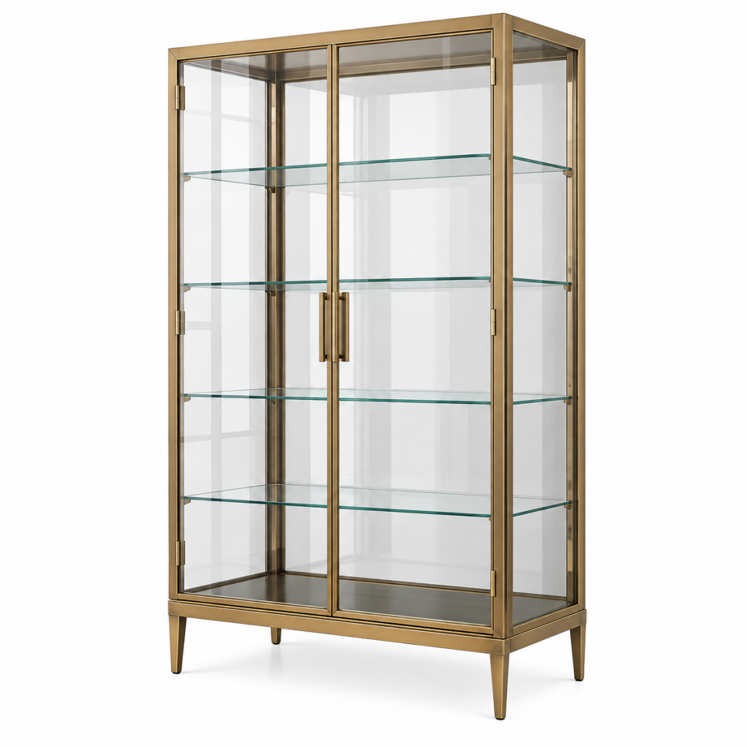 Vitrine 100 x 40 x 180 cm aus Glas und Metall Gold mit 2 Türen für Wohnbereich