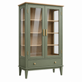 Vitrine 90 x 40 x 180 cm aus Holz und Glas in Olivgrün mit Schublade im Landhausstil