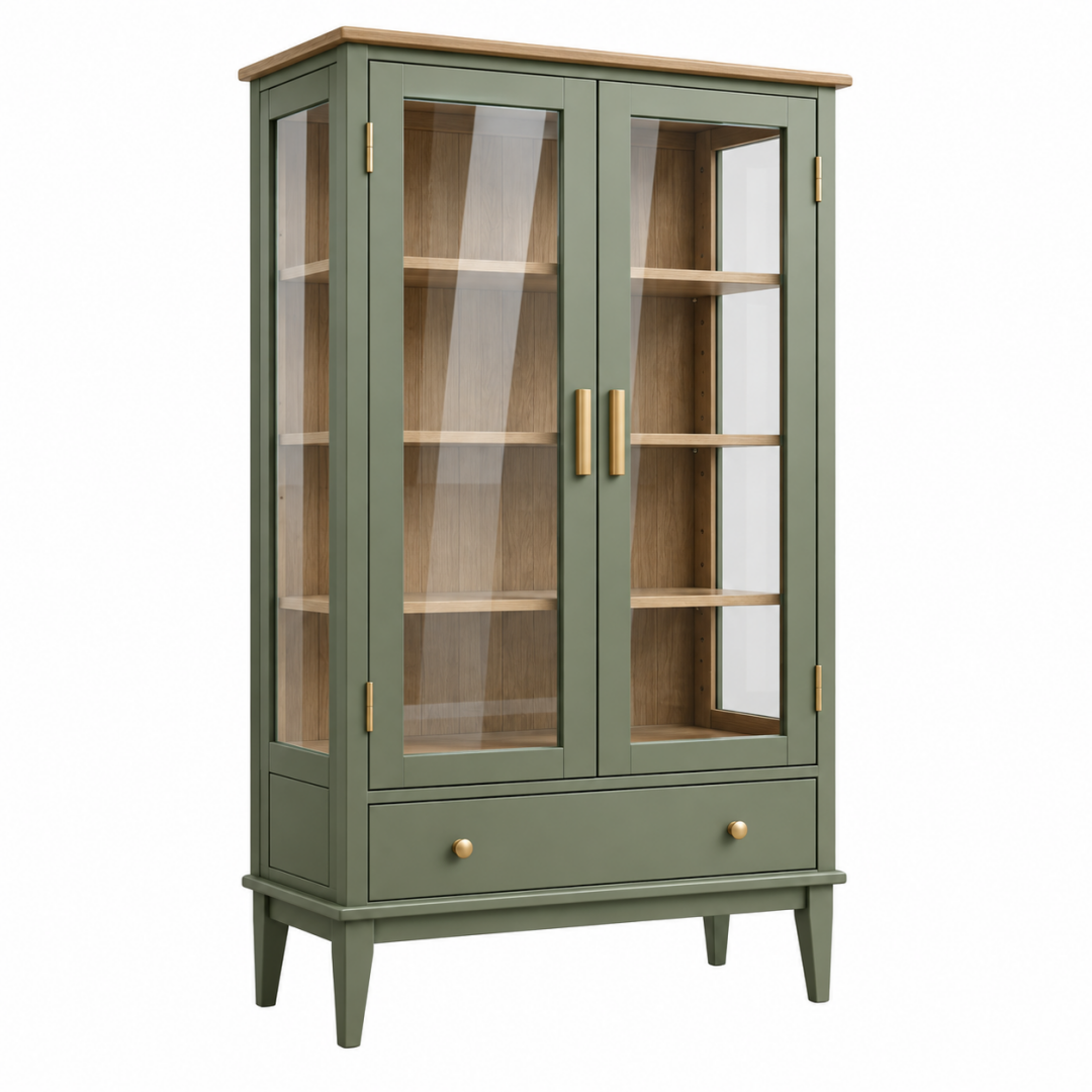 Vitrine 90 x 40 x 180 cm aus Holz und Glas in Olivgrün mit Schublade im Landhausstil