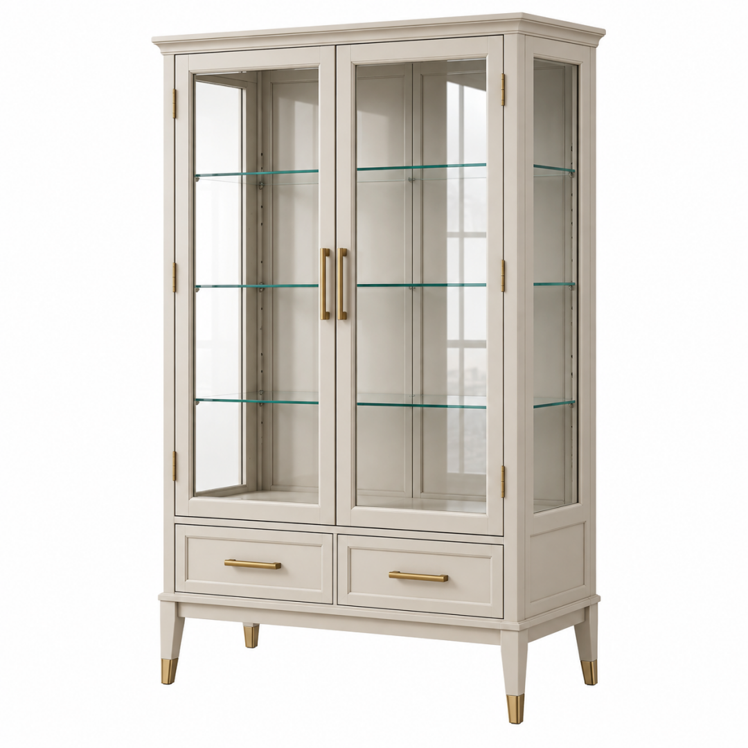 Vitrine 90 x 40 x 190 cm aus Holzwerkstoff und Glas Cremeweiß mit Schubladen im klassischen Stil