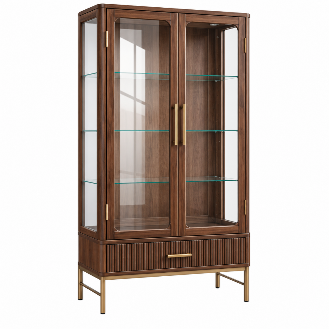 Vitrine 100 x 45 x 190 cm in Walnussbraun mit Glas Türen und Schublade im Retro Stil